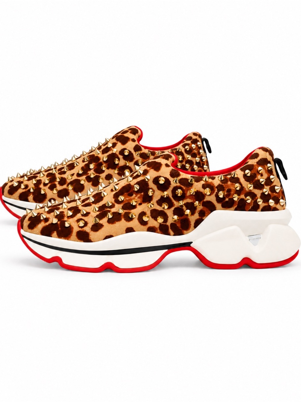 Christian Louboutin Leopard Print Sneakers Gold Spikes Red Signature Bottom Sole